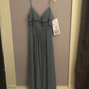 Floor length chiffon dress with ruffled v-neckline